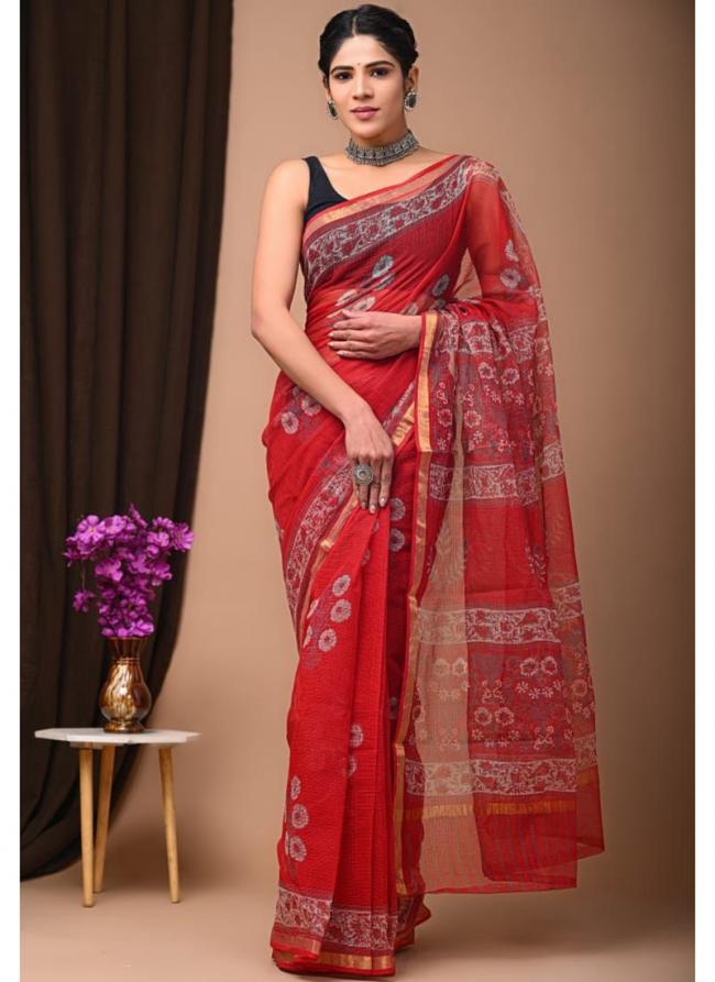 Cotton Kota Doriya Red Casual Wear Printed Saree